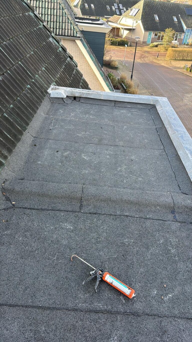 Dakrenovatie in Nijkerk met nieuwe bitumen dakbedekking en hergebruik van zinken dakranden op een dakkapel.
