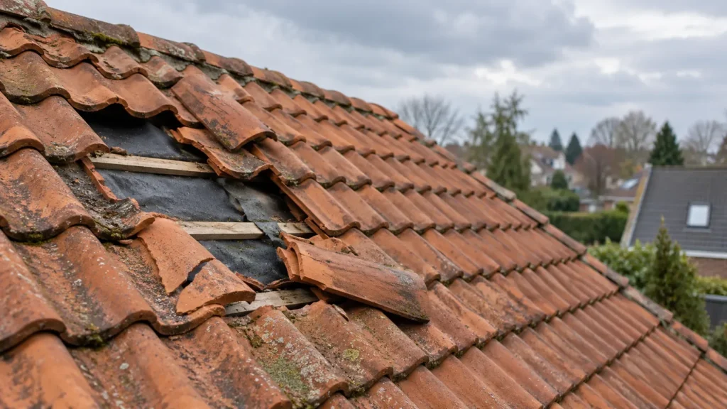 Losgeslagen en gebroken dakpannen met zichtbare panlatten en folie in Ede
