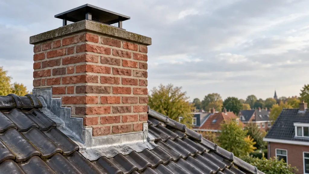 Gemetselde schoorsteen met afdekplaat, kap en loodaansluiting in Ede